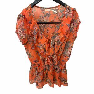 Poetry Floral Ruffle Blouse Orange Peplum Tie Front Boho Top Size XL NWOT